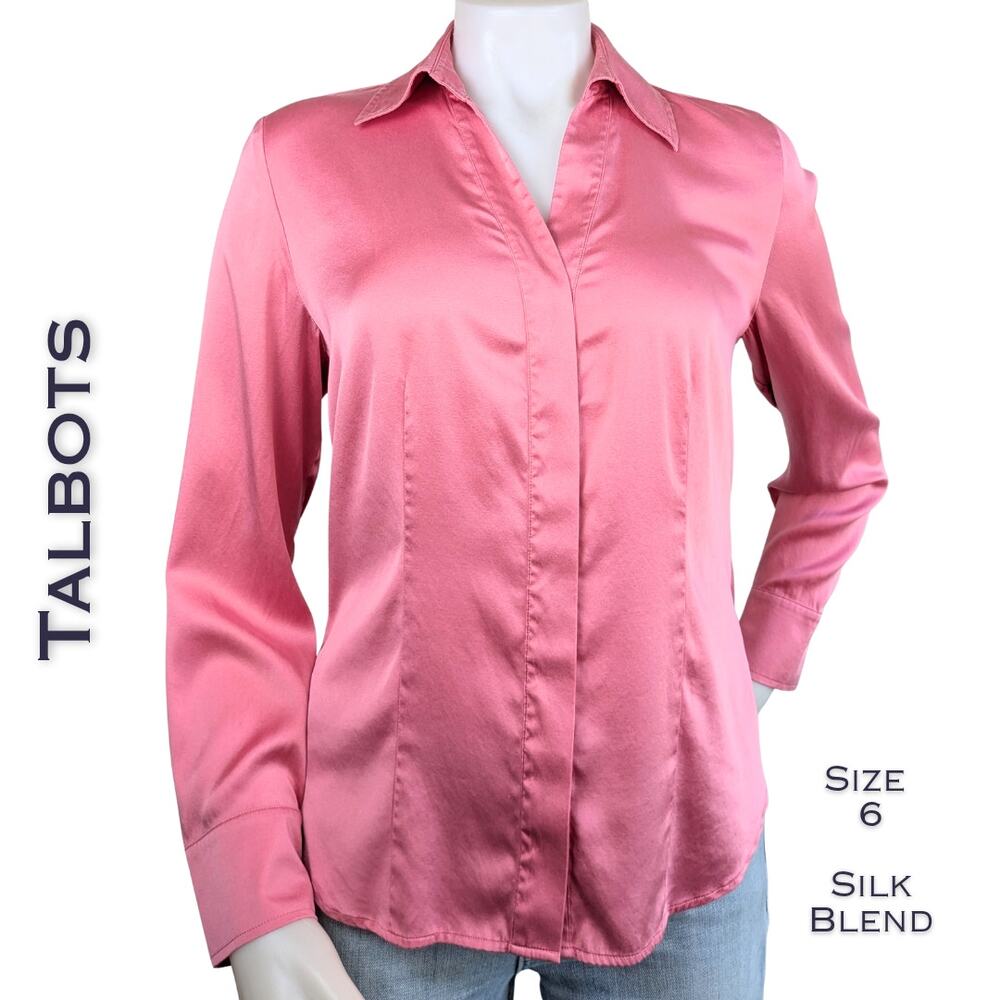 Talbots Silk Blend Satin Shirt 6 Bright Pink Button Down Long Sleeve Stretch